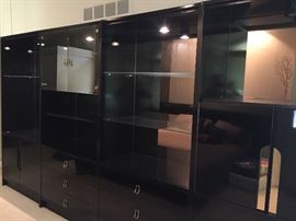 Wall unit - lit - bookcase/curio cabinet/drawers - 4 sections available - black lacquer
