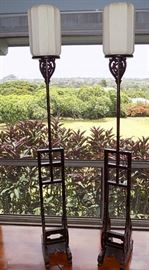 MHE038 Two Vintage Carved Wooden Lamps