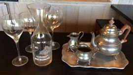 MHE051 William Berg Stieff Pewter Tea Set & Wine Carafe