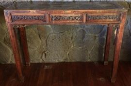 MHE065 Vintage Oriental Wooden Three Drawer Table