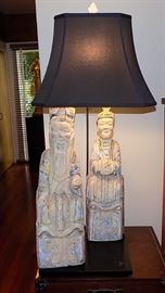 MHE222 Black Lamp w/ Carved Chinese Emperor & Empress Statues