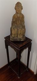 MHE264 Sitting Buddha Statue & Wood Stand Side Table