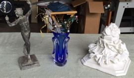 MHE269 Blue Glass Vase, Greek God Figurine, Floral Sculpture