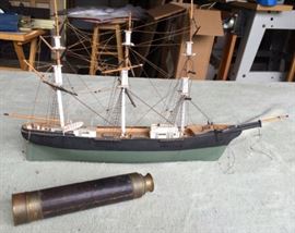 MHE268 Vintage Model Wood Ship, Telescope, Relief Globe