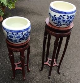 MHE273 Ornately Carved Wood/Marble Plant Stands & Planters