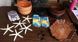 MHE282 India Carved Wood Tray, Shells, Ceramic Planters & More