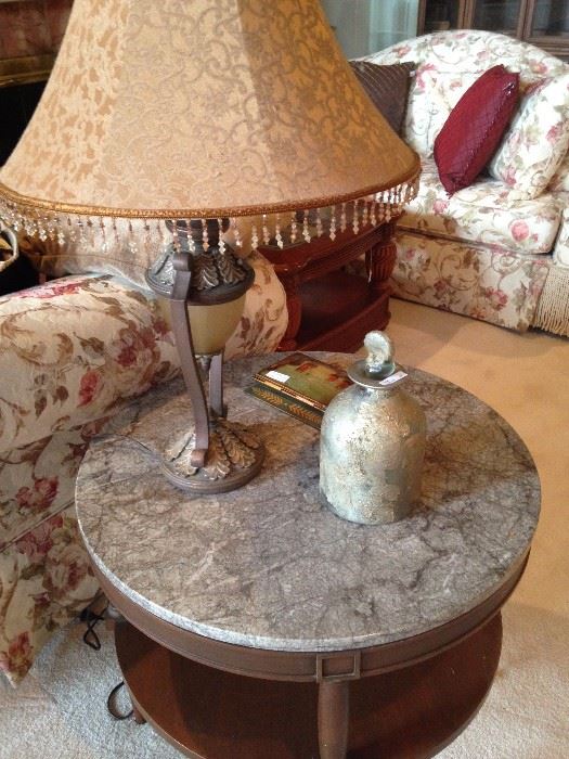 Marble top 2-tier side table; one of two matching lamps