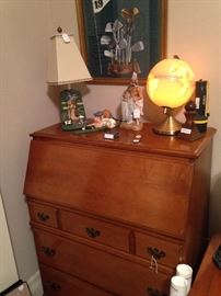 Small maple secretary with below storage; lighted globe; more golf accessories