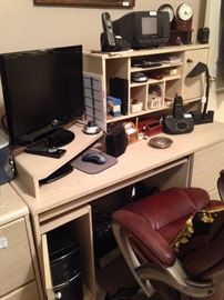 Computer desk, file cabinet, and office chair