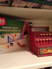 Figure Eight Wooden Train Set; vintage Tom Thumb cash register
