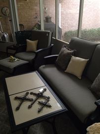 Patio sofa, chair, ottoman, and coffee table