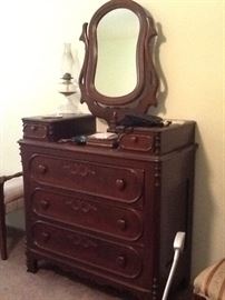 Walnut dresser, wishbone mirror, carved fruit pulls
