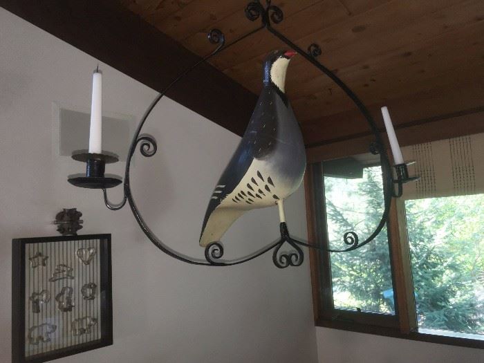HANGING IRON CANDLEABRA WITH BIRD PERCHED