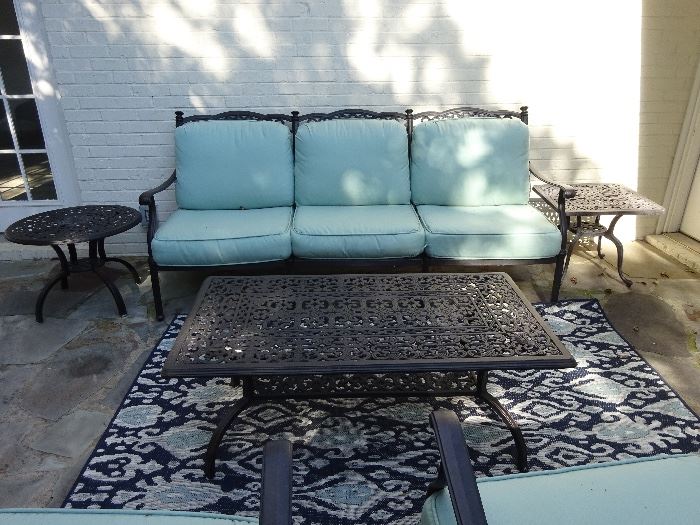 like new metal outdoor metal loveseat, chairs, tables