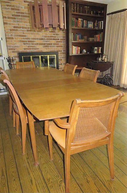Mid Century Folding Dining Table with double leaves and 6 cane back chairs