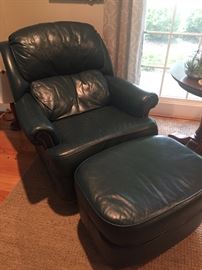 Green Leather Arm Chair with Ottoman