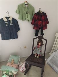 vintage clothing, American Girl bed, vintage rocking chair, and vintage doll