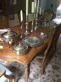 Silver-plated serving pieces, mercury glass candle holders - Dining table with 6 chairs (4 side, 2 arm)