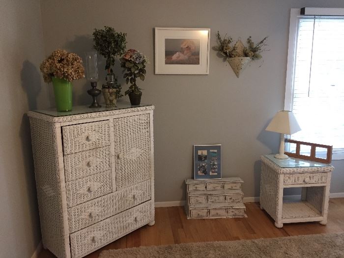 Wicker pieces - tall dresser, nightstand and other decorative pieces