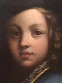 Child wearing blue, oil on solid surface