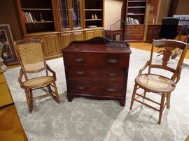 Antique chair, rocker and small chest
