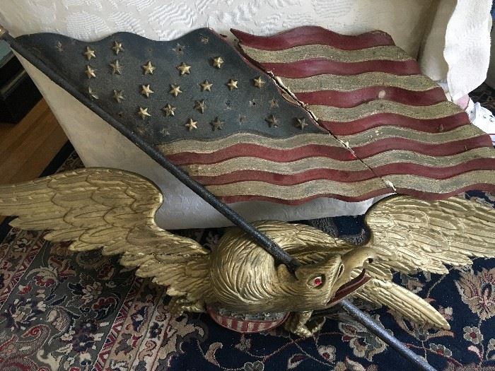 Bellamy Style Carved Wooden Eagle and Flag.