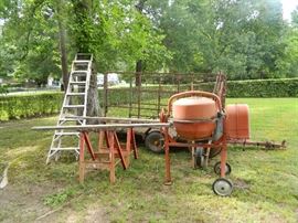 Extension ladder, cement mixer, trailer