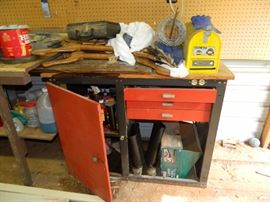 Cleaning supplies, wood pieces, mailbox 
