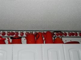 Red enamel ware collection - lots of items in various sizes' many made in England