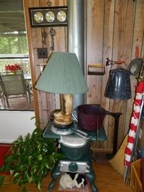 Boot lamp made of wood, vintage Ideal cast iron stove, graniteware, and more