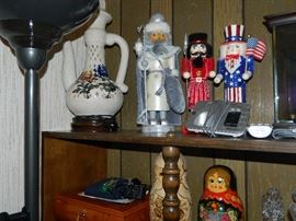 Lamp and items in shelves - top shelf