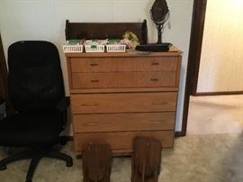 Vintage chest, great hand mirror on stand, handkerchiefs & wall shelf