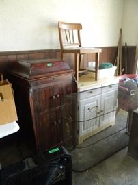 Antique Victrola, kitchen island/cabinet, chair, fireplace screen