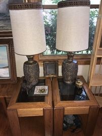 Pair of matching end tables and vintage lamps