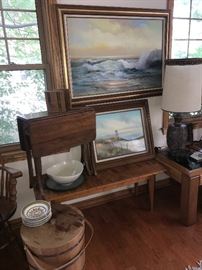 Mid century coffee table, drop leaf table with single drawer, paintings 