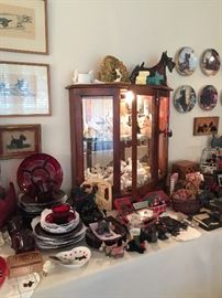 Vintage Scottie, prints, wonderful lighted display cabinet full of great vintage Scottie items. Ruby plates, cups, saucers, serving pieces, chalk Scottie items, planters, salt and pepper, wood pieces.