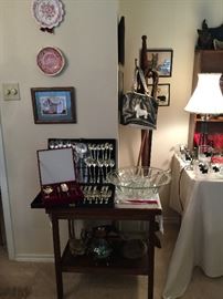 English Oak Tea Cart, 51 pieces of flatware in case, Godinger serving pieces, vintage punch bowl with cups, transfer ware plates. 