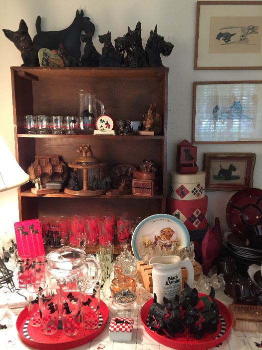 Vintage Scottie items, glass, collectables, prints bookends, a great collection of pipe and tobacco holders, coasters, covered animal dishes.