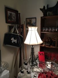 The start of the Scottie Dog collection. Vintage glass ware with some modern pieces.  Great Lamp, Oak bookcase, vintage Scottie prints, purses. Oak Hall Tree, walking sticks.
