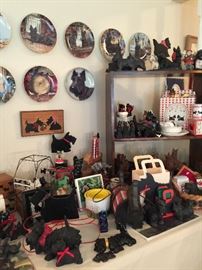 Collector Scottie and West Highland plates, vintage dog bowl holders, metal pieces, paper collectables, door stops.