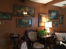 A wonderful collection of Atkinson Fox prints and other vintage prints. Roseville vase, silver plate, phoenix glass based lamp