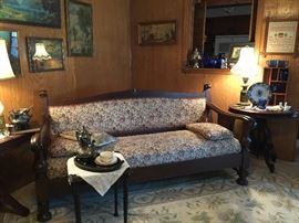 The sofa is from the late part of the 1800's and is very comfortable, it has been newly upholstered and has an arm chair and also a rocker, small table, silver plate, flow blue, vintage Shirley Temple glass and other blue glass items.