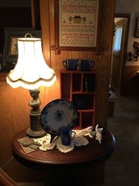 Victorian Table, flow blue plate, vintage Shirley Temple glass, sampler, pop metal lamp