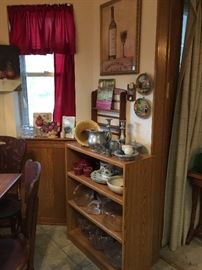 Book case, glass, vintage pottery, pewter, vintage wood wall art, prints