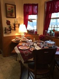 Small display shelf, collection of small books, a teapot lamp, round table with fold in legs, spatter ware jug and mug