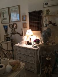 Painted Victorian three drawer chest, typeset tray, bakers rack, German framed birth and marriage certificate dated 1923, vintage prints, photos, hair receivers, 