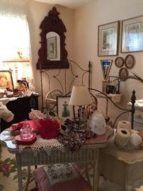 East Lake mirror, wonderful iron twin bed with original finish, baby cradle on wheels, vintage lamp shades, vintage doll collection