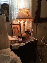 Wash stand, vintage hankies, doll collection, shabby lamp with a great shade,
