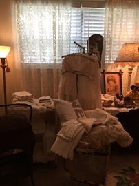 Vintage linens, vintage mail bag with a metal stand, metal three tier cart, Victorian sewing basket