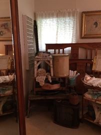 Benches, stool, old tin, cheese box, vintage box radio, painted what not display box.